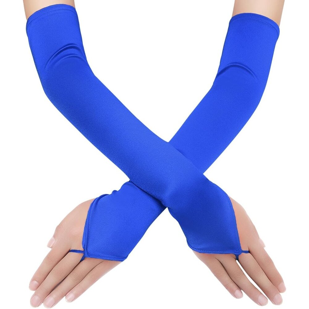 Women's Stretchy Blue Finger Loop Long Satin Fabric Gloves Opera Party Prom